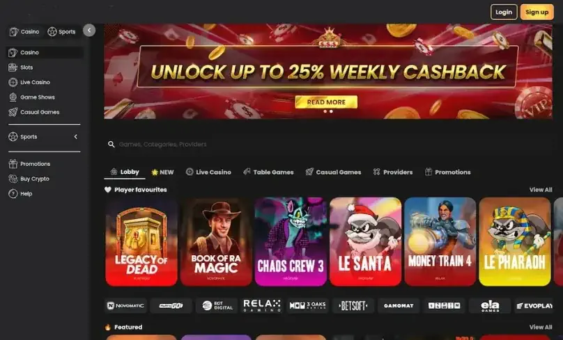Multi-vertical casino: 1,200+ slots plus live dealer, Pragmatic Play and Evolution headlining